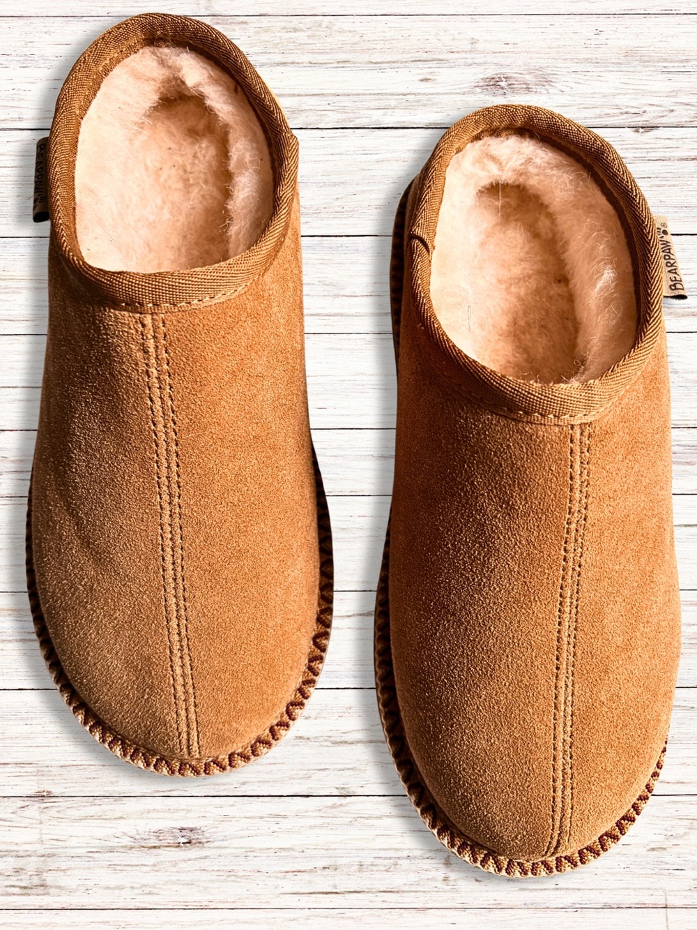 BEARPAW MULE SLIPPERS Suede Shoe Plush Lined Tan Platform Slip-On Womens SZ 6